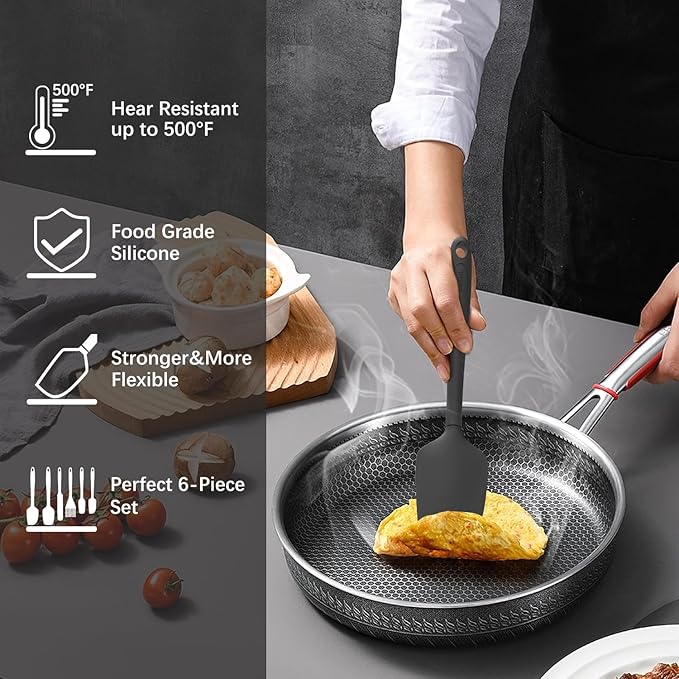 MiorBiit Silicone Spatula Set, 6 Pieces Food Grade Kitchen Utensils with Silicone Brush Heat Resistant Dishwasher Safe BPA-free Rubber Spatula for Scraping, Baking, Cooking, Mixing (Black)