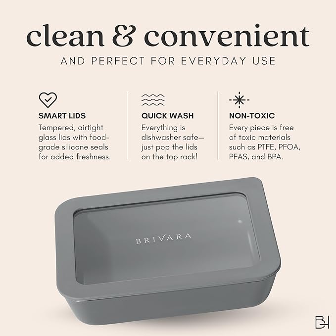 BRIVARA HOME 12-Piece Glass Meal Prep Containers Set with Lids (6 Containers + 6 Lids) | Microwave-Safe Airtight Seal, Oven-Safe Ceramic-Coated Glass | Zero Plastic, No PFAS/PFOA/BPA [Smoke]