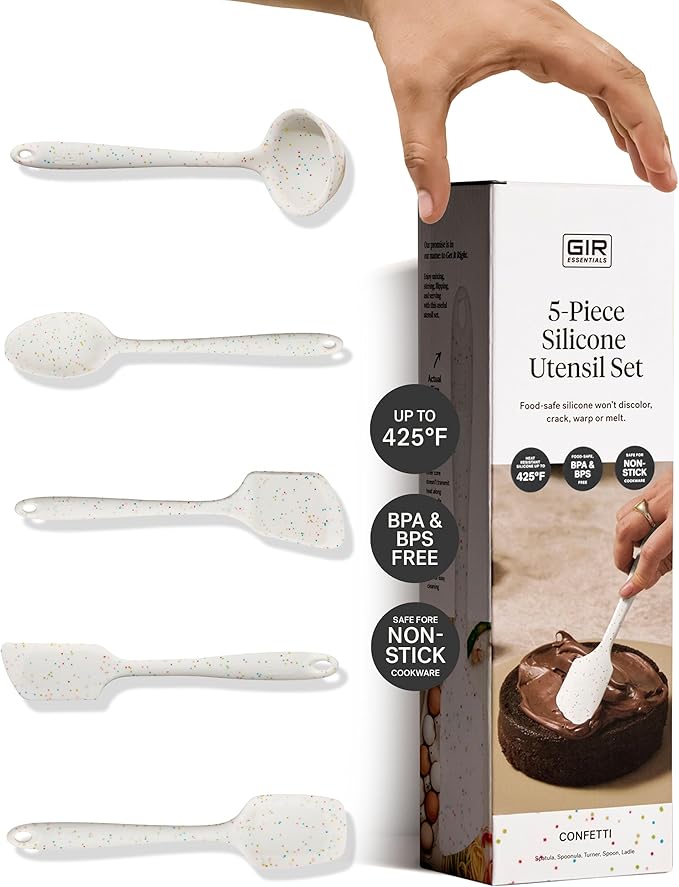 GIR 5-Piece Silicone Kitchen Utensils Set, Non-Toxic Cooking Utensils for Cooking and Baking, Heat Resistant, Food Grade, Dishwasher Safe Rubber Spatula, Ladle, Spoon - Party Confetti