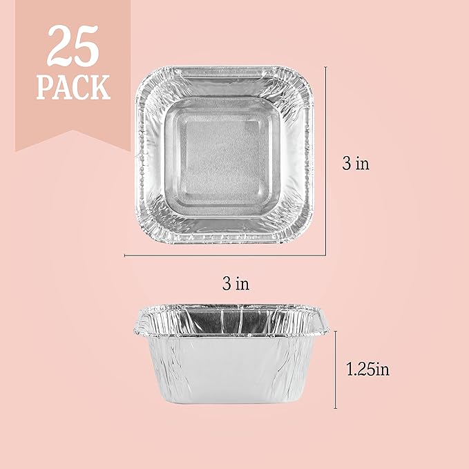 PLASTICPRO ''Disposable'' Mini Size 3'' X 3 X 2'' Inch Square Aluminum Tin Foil Baking Pans Bakeware - Cookware Perfect for Baking Cakes,Brownies,Bread, Meatloaf, Lasagna, Pack of 25