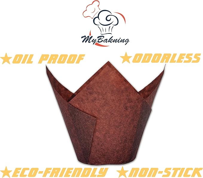 MyBakning Jumbo Extra Large size Brown Tulip Baking Cups 2-1/4"(Base diameter) x 3-3/4"(Wall height) Greaseproof paper baking cupcake Muffin liners, Case of 130 pcs