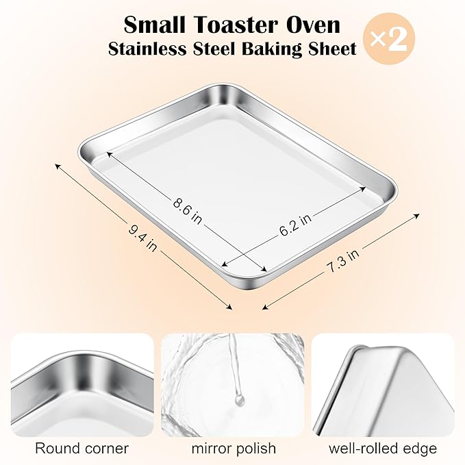 E-far Toaster Oven Tray Set of 2, 9.4”x7.3” Stainless Steel Baking Sheet