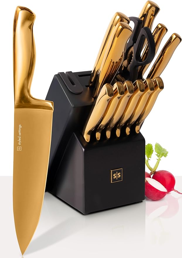 Styled Settings Gold Knife Set with Block and Built-In Sharpener, 14-Piece