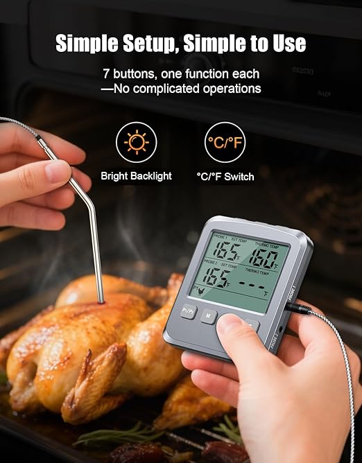 Vuwwey Dual Probe Meat Thermometer Digital for Cooking, Grilling & Smoking with Large LCD Backlight & Alarm, Kitchen Food Grill Thermometer, Smoker Accessories for BBQ Oven Oil Fry, Gifts for Men Dad