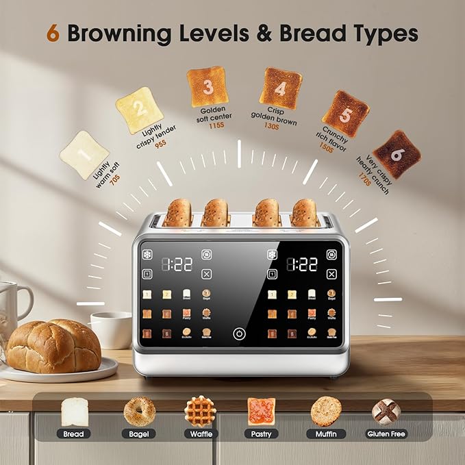Toaster 4 Slice with Touchscreen & Independent Controls,Single-Slice Modes, Defrost, Reheat