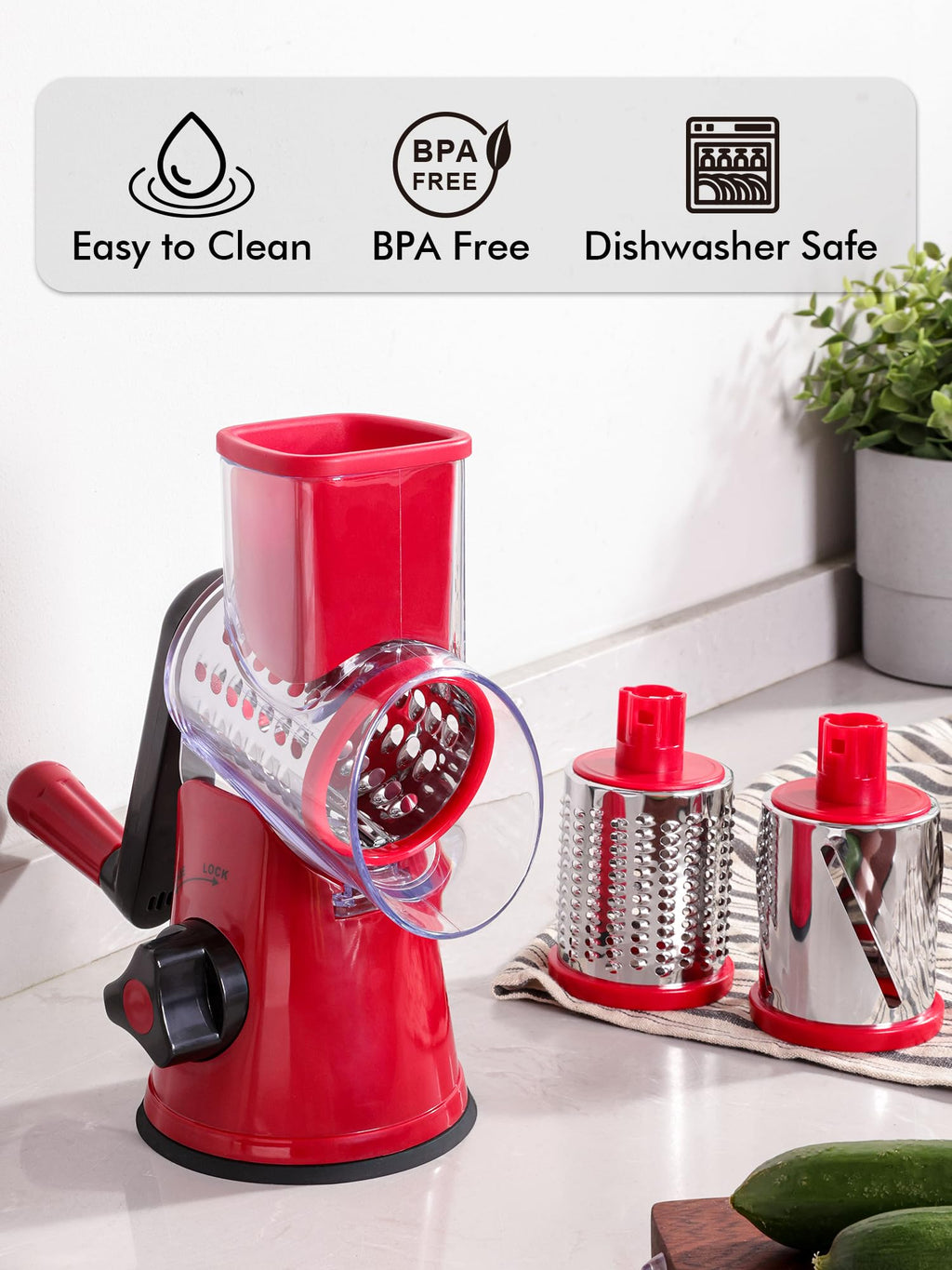 LucGee Rotary Cheese Grater with Handle - 3 in 1 Cheese Shredder Rotary Grater Stainless Steel Handheld, Vegetable Slicer for Fruit, Cheese, Nuts(Red)