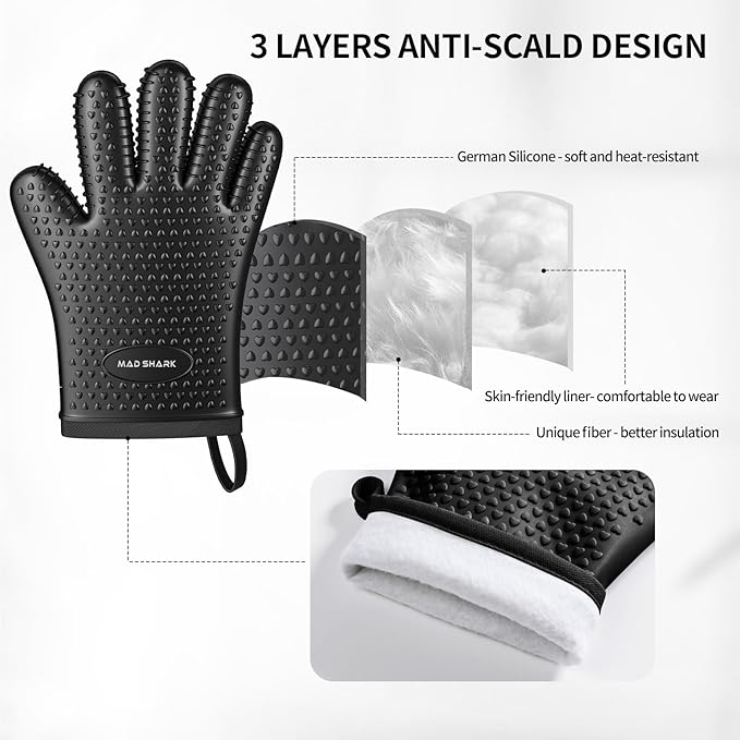 MAD SHARK Silicone Oven Mitts with Fingers Heat Resistant 450°F in Kitchen
