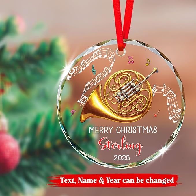 Musical Instrument Glass Ornament Christmas 2026, Personalized French Horn Player Xmas Ornaments, French Horn Glass Ornament Gifts for Musician, Custom Text & Name Instrument Lover Christmas Keepsake