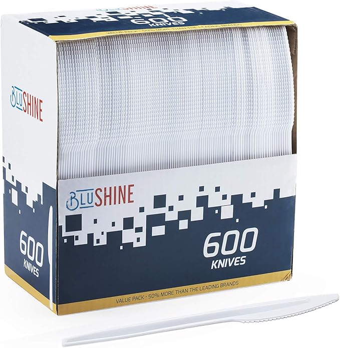 BluShine 600 Pack White Plastic Knives, Disposable Bulk Cutlery