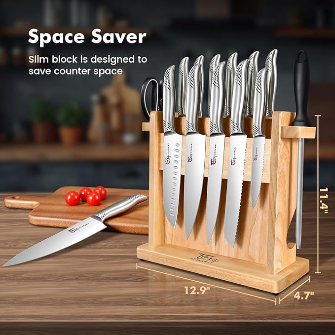 SYOKAMI Japanese Knives Set for Kitchen, Magnetic Knife Set with Block and Sharpener, Stainless Steel Knife Set as Gift for Couple, Wedding, Women or Mom with Gift Box, 14 PCS Black Dot