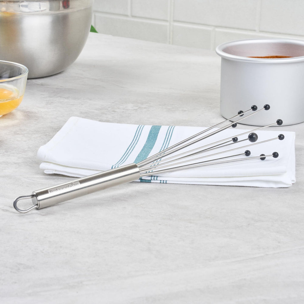 Restaurantware 10.5 in Stainless Steel Ball Whisk with Silicone Tips - 6 Pack - German Standard Sauce & Gravy Whisk, Non-Scratch, Dishwasher Safe - Non-Stick Safe Silicone Ball Whisk for Baking