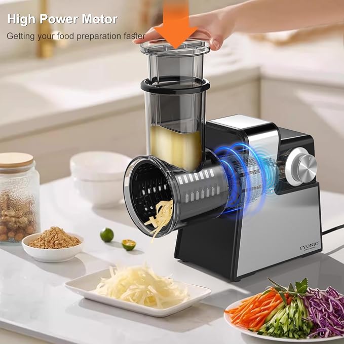 FYONIO Electric Cheese Grater, 5 in 1 Salad Maker with Stainless Steel Blades, 250W Electric Food Slicer & Shredder, Electric Salad Machine for Cheeses, Fruits, Potatoes, Carrots