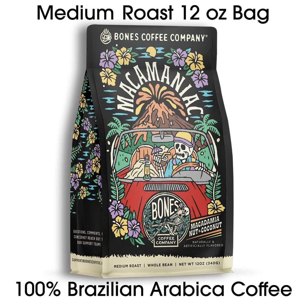 Bones Coffee Company Macamaniac, Macadamia and Coconut Flavored Coffee, Medium Roast Low Acid Arabica Beans Compatible with Auto drip and French Press Coffee Maker, 12 Oz Ground