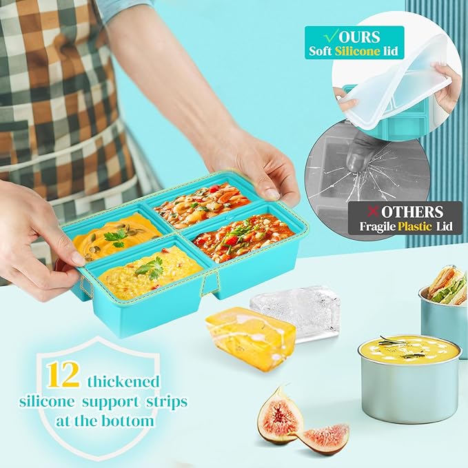 BIONMAPLE Silicone Freezer Trays With Lid - Silicone Soup Freezer Molds, Soup Freezer Containers For Freezing & Storing Soup, Sauce, Broth, and Leftovers - 1 cup silicone freezer molds - 2 Pack