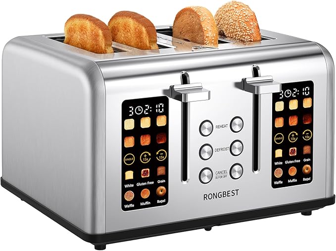 4 Slice Touch Screen Toaster with Wide Slots Stainless Steel Digital Toasters for Family Breakfast, Even Toasting for Bagel & Bread, Reheat Defrost Cancel, Removable Crumb Tray, Silver