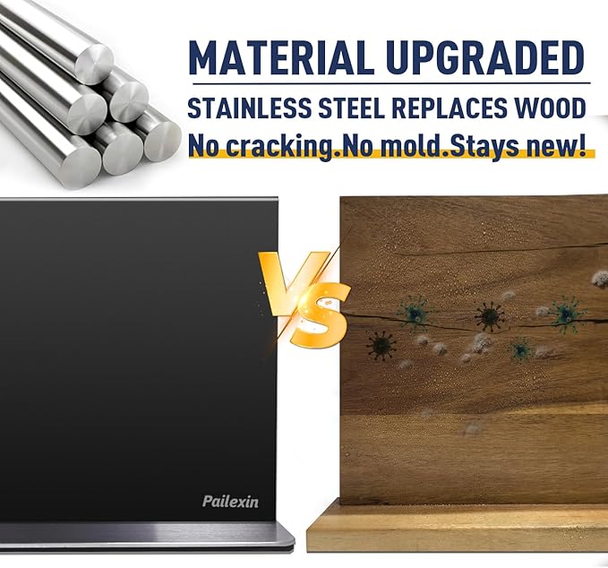 Pailexin Magnetic Knife Block Without Knives—Black Stainless Steel Double-Sided Magnetic Knife Holder Stand with Strong Magnets, Knife Storage Organizer for Kitchen Counter top