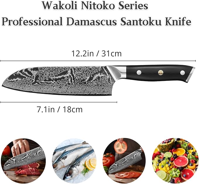 Wakoli Nitoko Santoku Chef Knife, 7.1-Inch VG10 Damascus Steel, G10 Handle