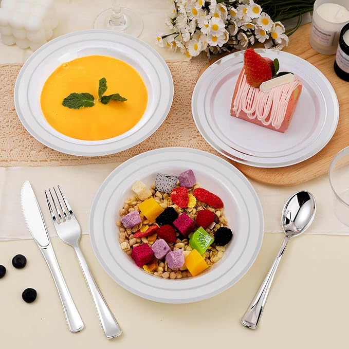 BESTSTAR 50 Pack Disposable Soup Bowls with Silver Rim