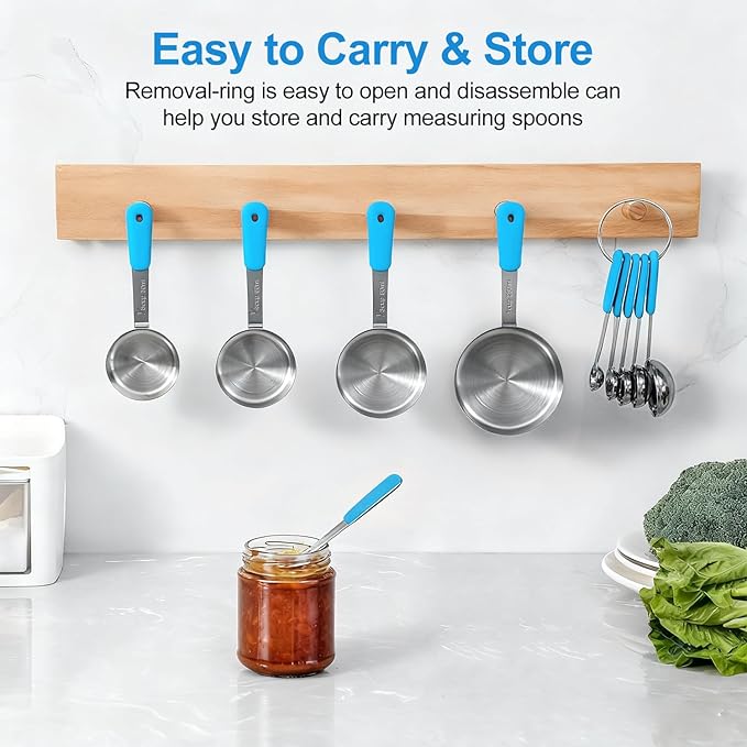 Bopei Measuring Cups and Spoons Set Stainless Steel 10 Piece for Cooking and Baking (5 Cups + 5 Spoons, Light Blue Handle)