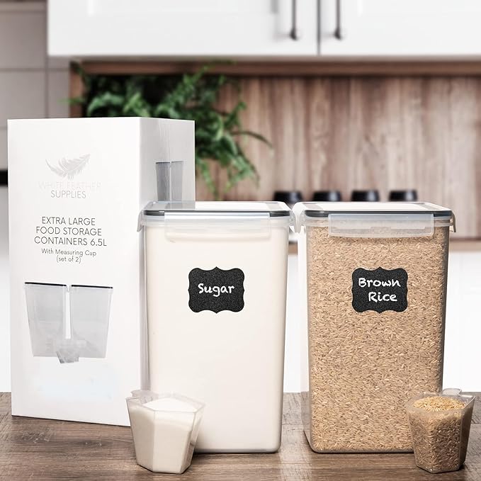 WHITE FEATHER SUPPLIES 2 PC [7 Qt / 6.5L / 220 Oz] Large Food Storage Containers with Lids Airtight - BPA Free Clear Plastic Kitchen and Pantry Storage Containers for Cereal, Flour, Sugar, Rice