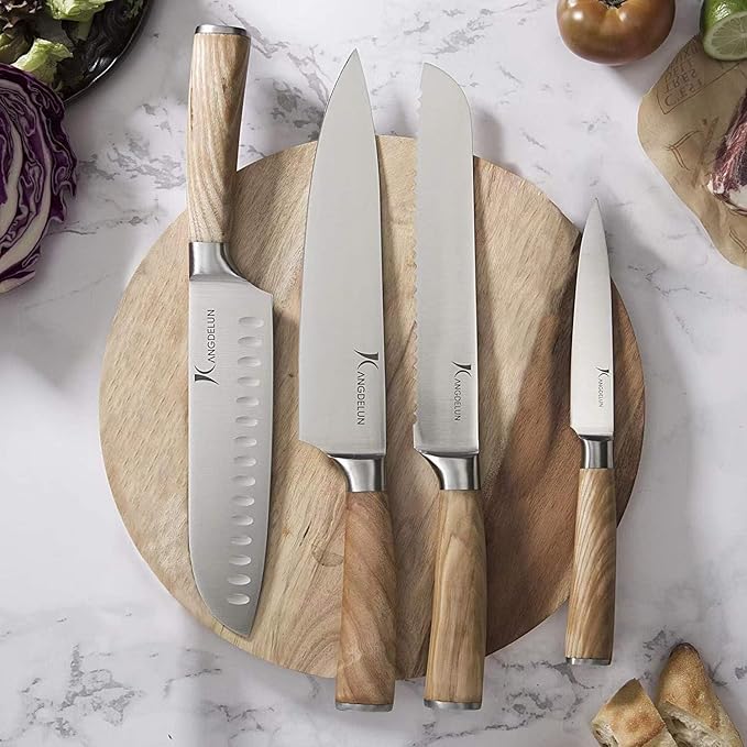 kangdelun Ultra Sharp 4-Piece Chef Knife Set, 50Cr15MoV High-Carbon Stainless Steel, Torrefied Natural Ash Wood Handles, Magnetic Gift Box