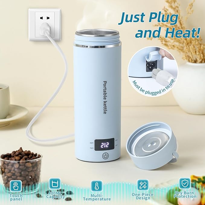 Touxila Portable Electric Kettle for Travel 120V, 13.5oz, 4 Temp Settings