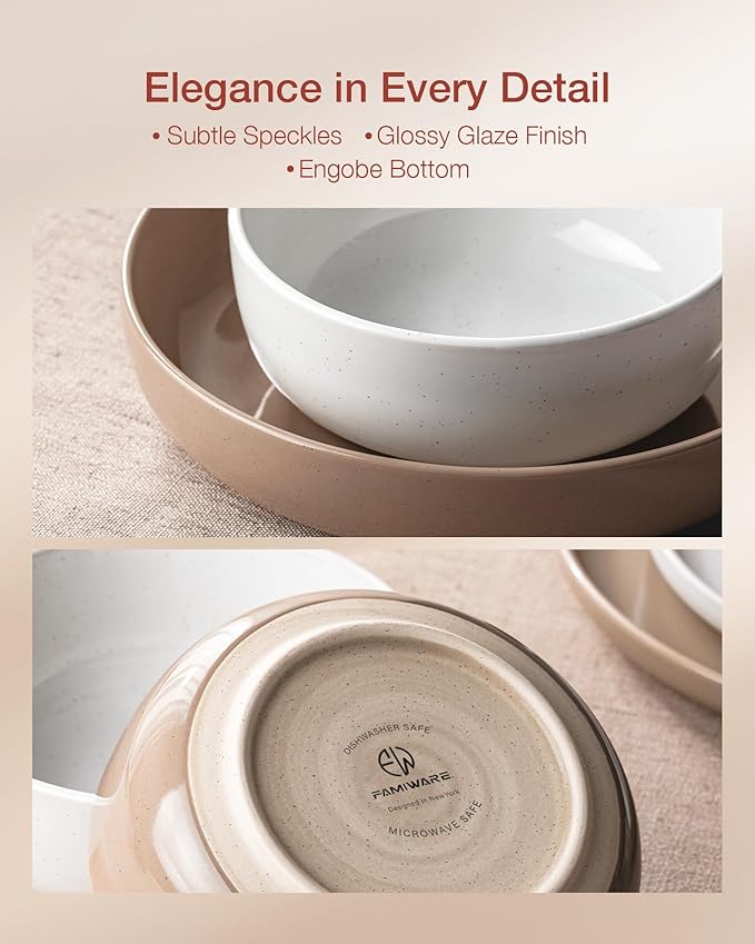 Famiware Milkyway 12-Piece Stoneware Dinnerware Set, White & Cinnamon Brown