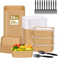 50-Pack 34oz Kraft Paper Bowls, Disposable Meal Prep Containers with Lids and Forks, Food Prep Containers To Go Food Containers Deli Containers for Take-out, Meal Prep, World Cup Party Supplies