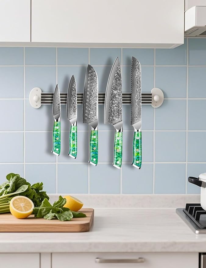 SANMUZUO Chef Cooking Knives Set- Kitchen Knife Set of 5 Piece - Ultra-Sharp VG10 Damascus Steel & Resin Handle - Xuan Series (Jade Green)