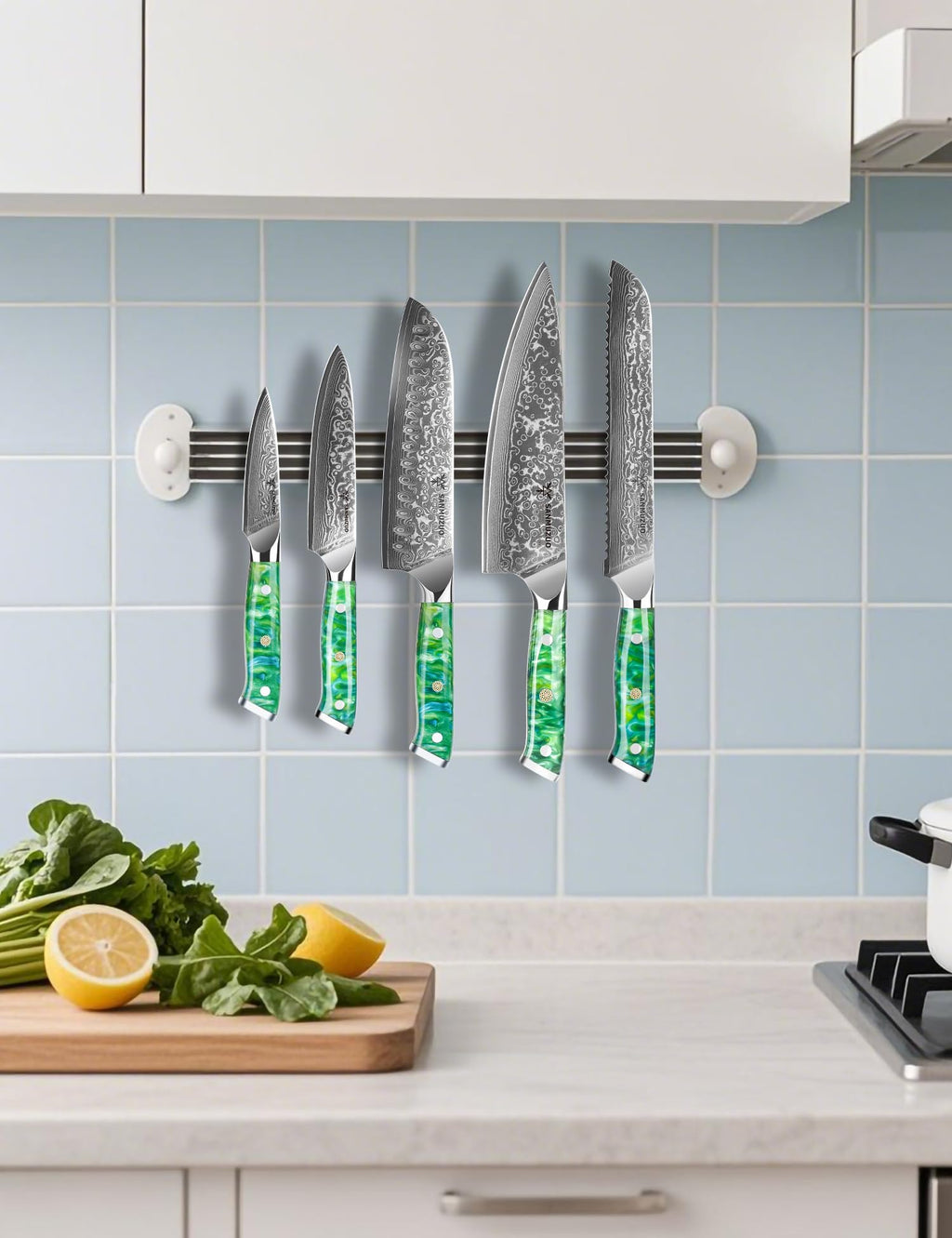 SANMUZUO Chef Cooking Knives Set- Kitchen Knife Set of 5 Piece - Ultra-Sharp VG10 Damascus Steel & Resin Handle - Xuan Series (Jade Green)