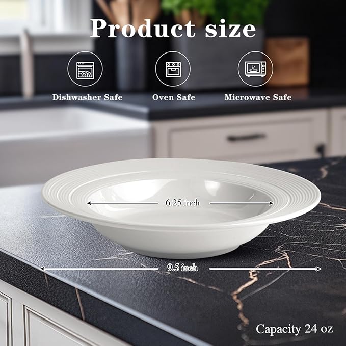 9.5" Wide-Rim Pasta Bowl Set of 2, Cream White Ceramic Shallow Bowl with Textured Grooved Rim, Modern Restaurant-Style Dinnerware for Pasta, Salad & Balanced Meals, Dishwasher & Microwave Safe