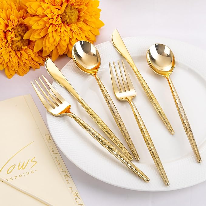 Rubtlamp 90Pcs Gold Plastic Silverware, Gold Disposable Utensils, Hammered Plastic Silverware, Plastic Forks And Spoons Set Include 30 Forks, 30 Knives,30 Spoons For Daily Use