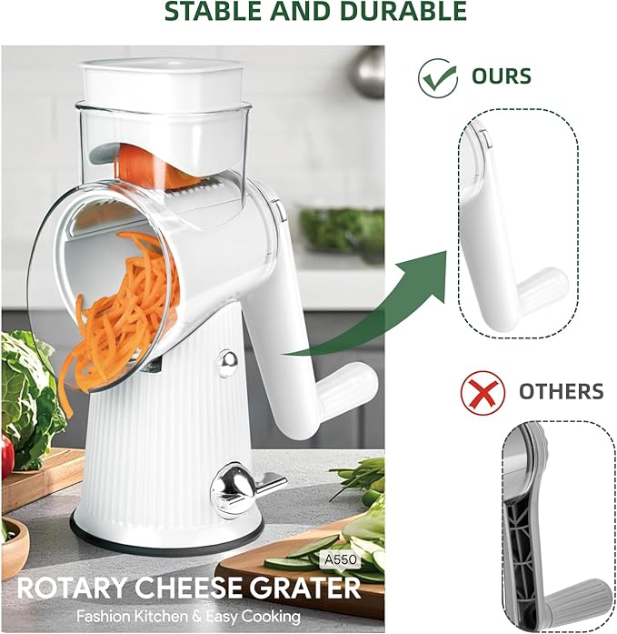 Rotary Cheese Grater with Handle - Vegetable Shredder with 5 Blades & Strong Suction Base, Round Slicer & Food Chopper for Kitchen (White)
