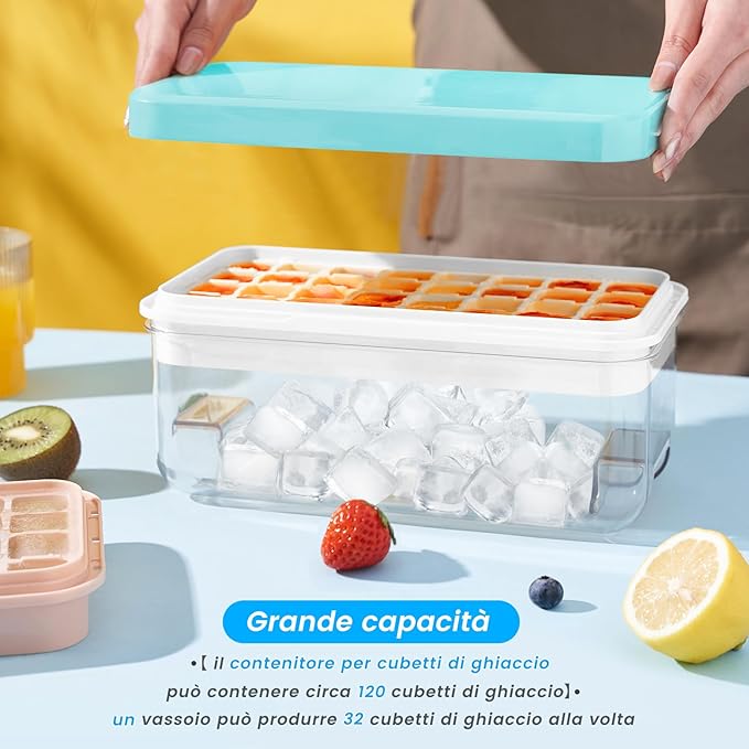 PHINOX Ice Cube Tray with Lid and Bin, Easy Release 28 Cubes for Freezer