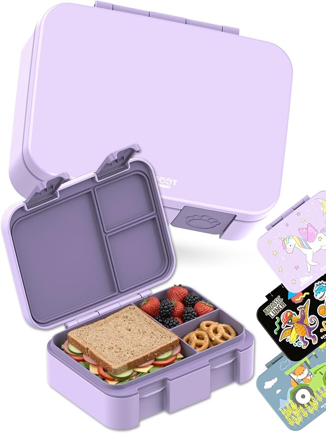 BEARFOOT Kids Lunch Box with Compartments – Compact & Lightweight | Leak-Proof, BPA-Free, Dishwasher Safe | Hand-Drawn Design for Preschool, School, Travel (Purple, 2.75 Cups)