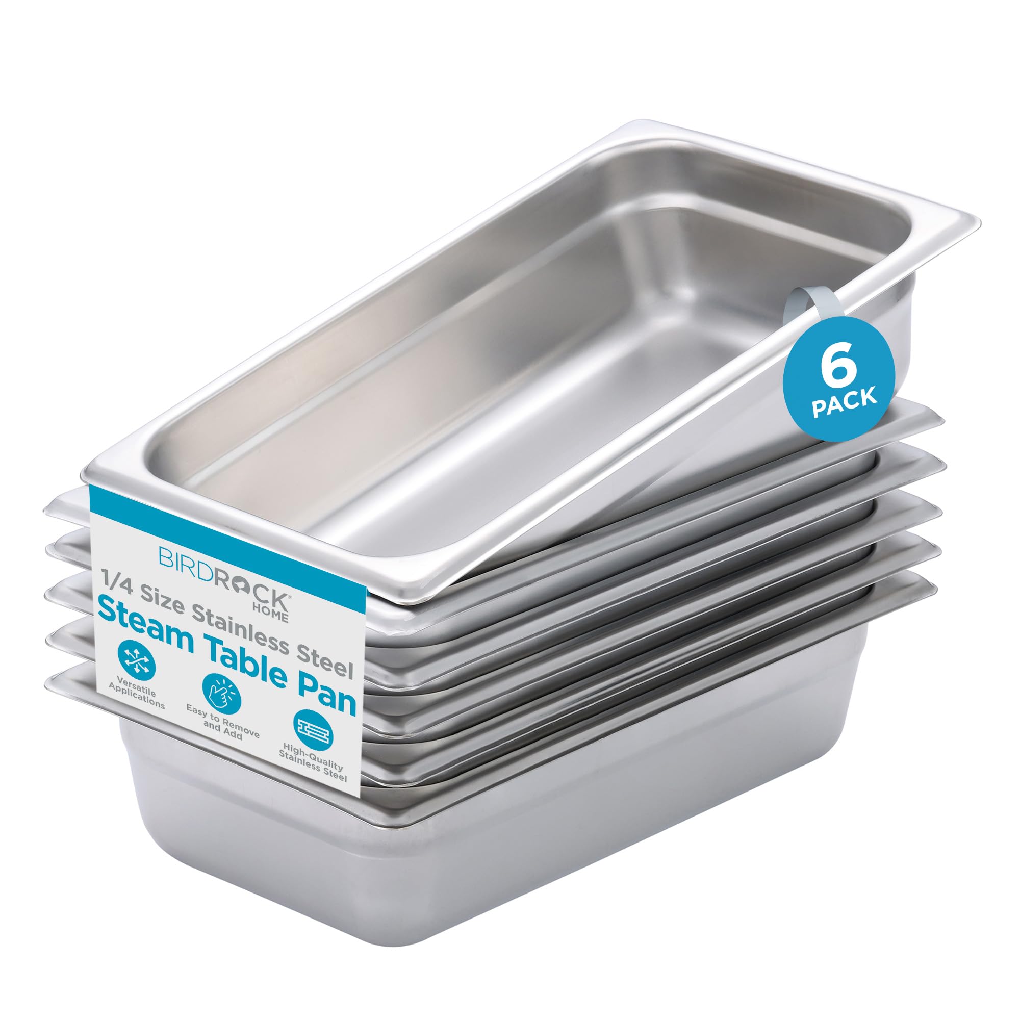 BIRDROCK HOME Stainless Steel Steam Table Pan - Hotel, Restaurant & Catering Supplies - 24 Gauge Steel, 2 qt Capacity - Meal Prep, Cooking, & Food Storage Container - 2.5" Depth, 1/4-Size (6 Pack)