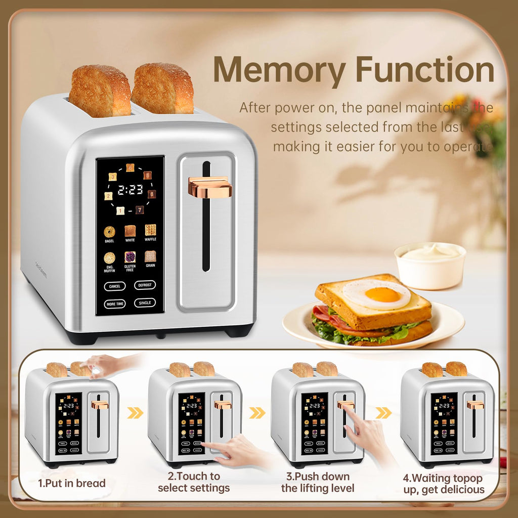 SEEDEEM Toaster 2 Slice, Real Touch Screen with LCD Display, Single-Slice Function, Stainless Steel Toaster, 50% Faster Heating, 1.5" Wide Slots, Removable Crumb Tray, 1350W, Silver Metallic