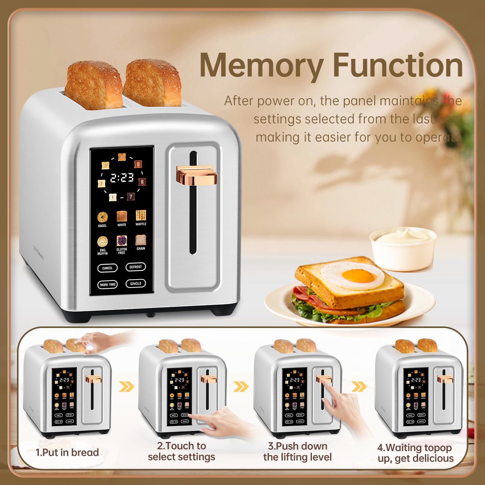 SEEDEEM Toaster 2 Slice, Real Touch Screen with LCD Display, Single-Slice Function, Stainless Steel Toaster, 50% Faster Heating, 1.5" Wide Slots, Removable Crumb Tray, 1350W, Silver Metallic