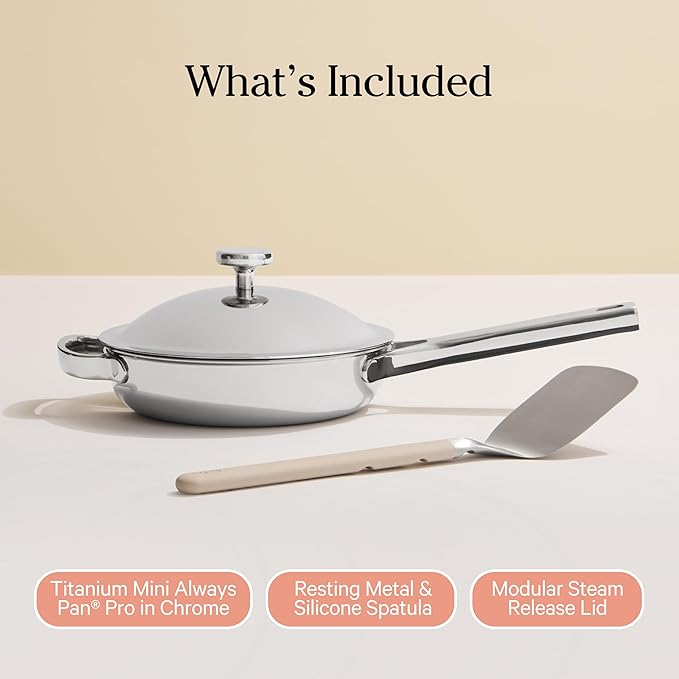 Our Place Mini Titanium Always Pan Pro | 8.5" PFAS-Free Nonstick Frying Pan with Spatula | Chef-Grade Tri-Ply Stainless Steel & Aluminum Build | Induction & Oven-Safe up to 1000°F | Chrome
