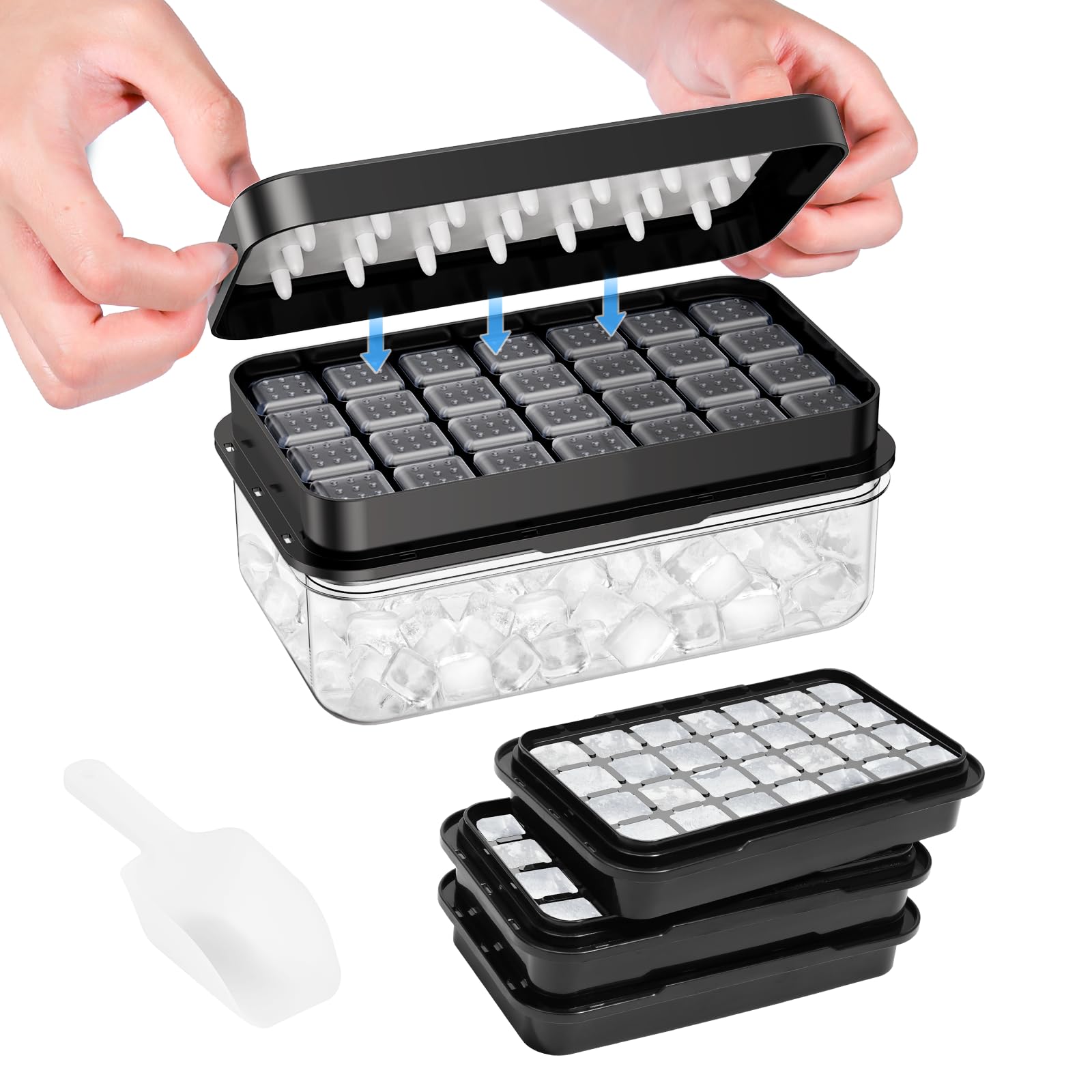 PHINOX Ice Cube Tray with Lid and Bin, Easy Release 84 Cubes for Freezer