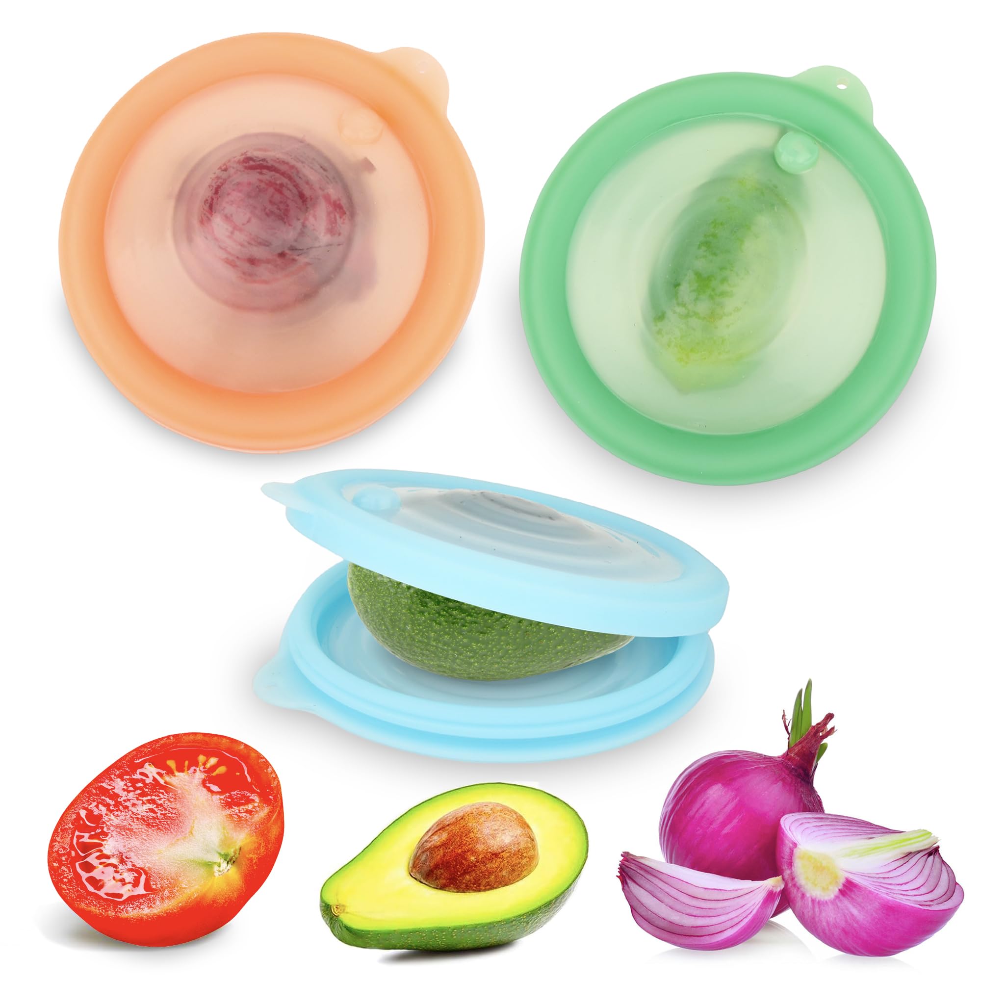 Silicone Reusable Vacuum-Seal Storage Containers for Fridge,Fresh Fruit,Vegetables,Garlic,Onions,Lemons,Potatoes,Meat,for Microwave Oven Heating,Freezer,Dishwasher,Avocado Saver,Tomato Holder,3 Pack