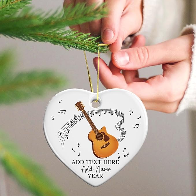 Customized Guitar Christmas Ceramic Ornaments, 2026 Christmas Ornament Gift for Guitarist Teacher, Personalized Guitar Player Xmas Ornament with Text Name & Year, Instrument Xmas Tree Decor