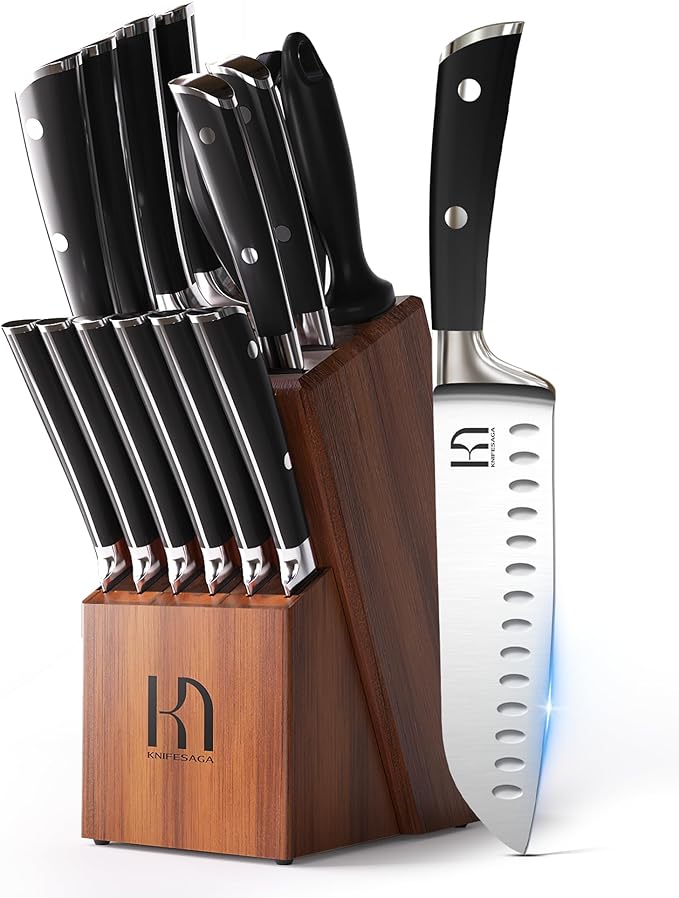 KnifeSaga 15 Pcs Japanese Knife Set with Sharpener, Razor Sharp, Premuim