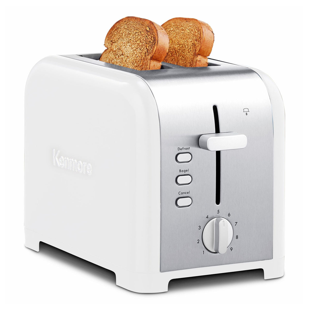 Kenmore 2-Slice Toaster, White Stainless Steel, Extra Wide Slots, Bagel and Defrost Functions, 9 Browning Levels, Removable Crumb Tray, for Bread, Toast, English Muffin, Toaster Strudel