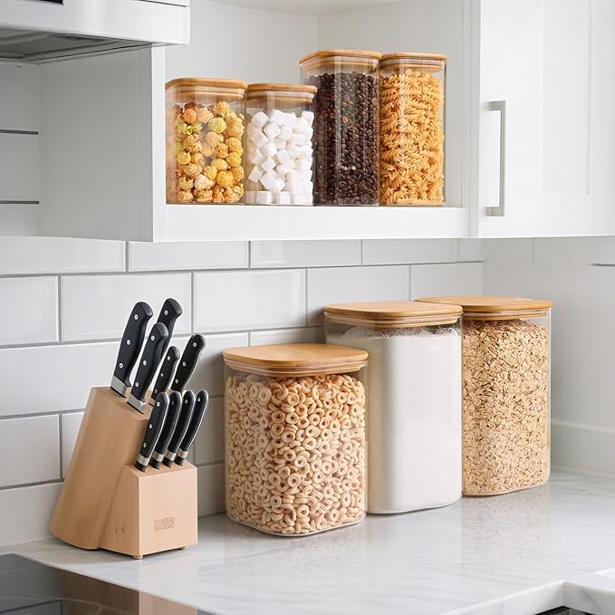 ComSaf Glass Storage Jars with Bamboo Lids 3.6 Qt Large Pantry Square