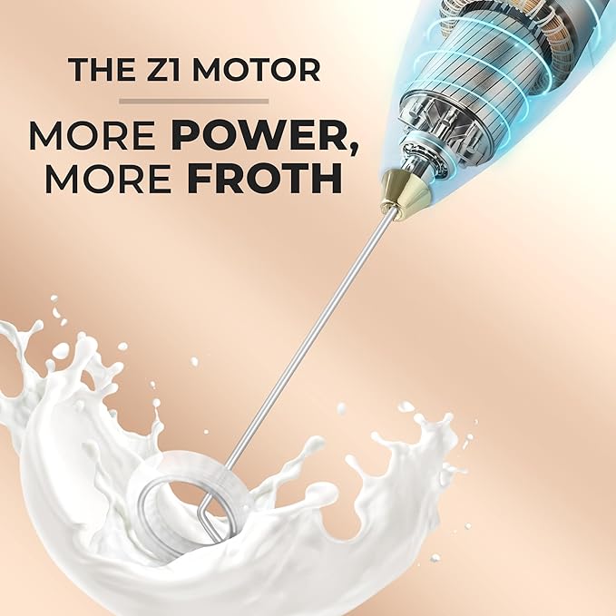 Zulay Kitchen Powerful Milk Frother Wand With Duracell Batteries - Ultra Fast Handheld Drink Mixer - Electric Whisk Foam Maker for Coffee, Lattes, Cappuccino & Matcha - Z1 Motor - Blue & Gold