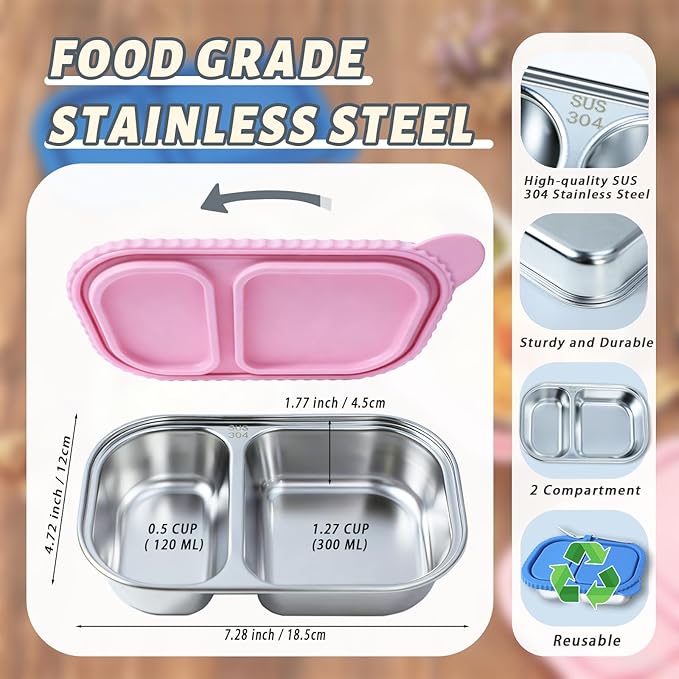 2 Pack Stainless Steel Snack Containers for Kids & Adults - Reusable 2 Compartment Snack Containers with Leakproof Silicone Lids, Divided Meal Prep Lunch Box Food Container for School, Office, Travel