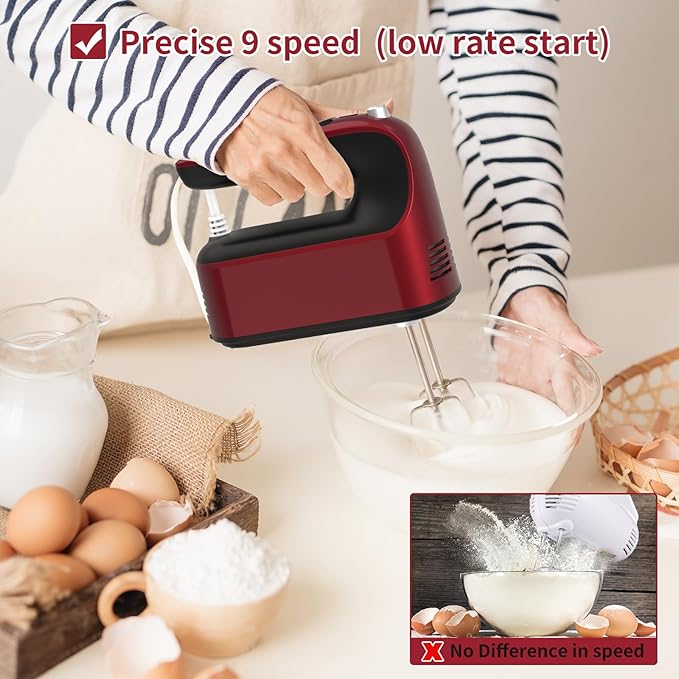 Yomelo 9-Speed Digital Hand Mixer Electric, 400W Powerful DC Motor, Hand Mixer Electric Handheld with Snap-On Storage Case, 5 Stainless Steel Accessories, Beaters, Dough Hooks, Whisk(Red)
