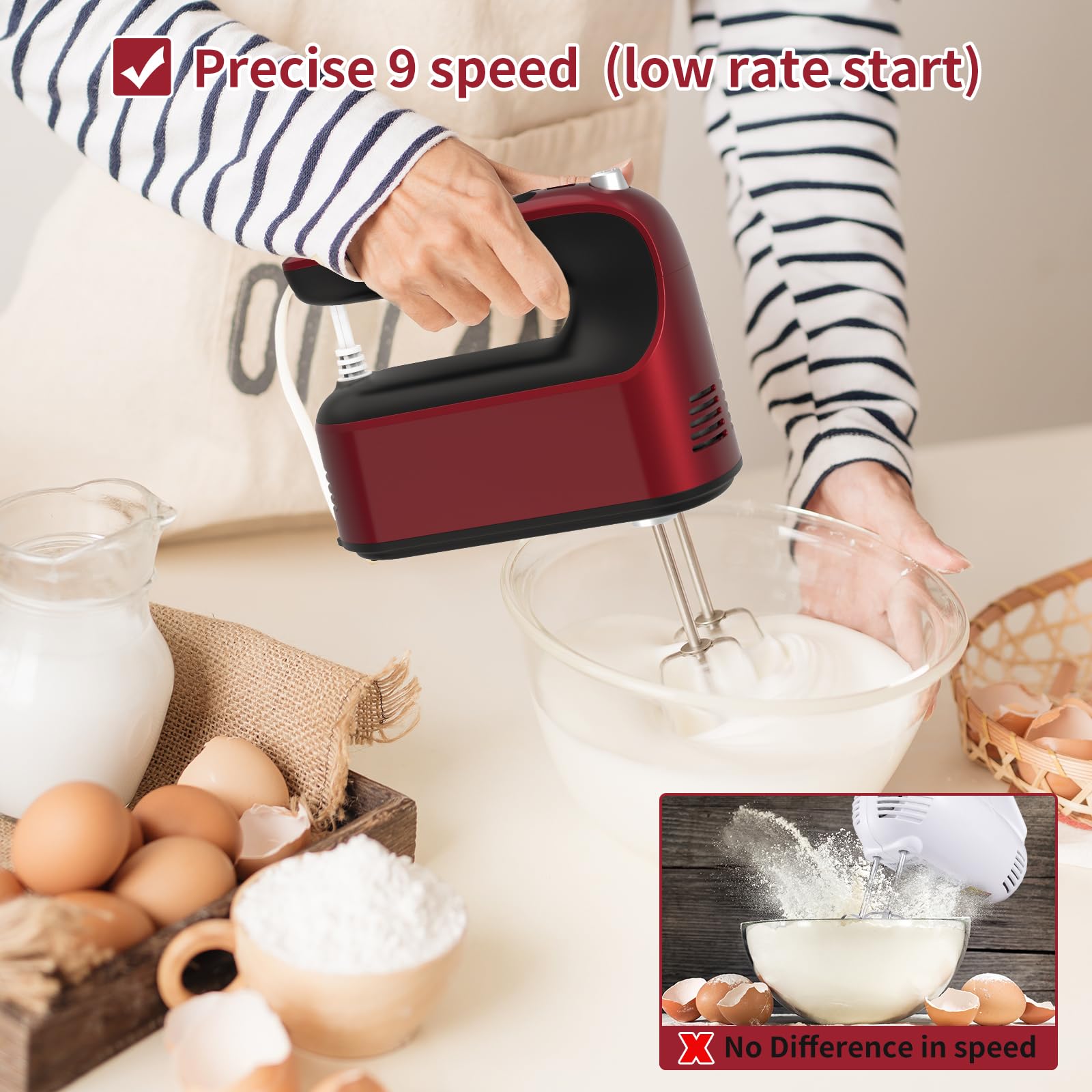 Yomelo 9-Speed Digital Hand Mixer Electric, 400W Powerful DC Motor, Hand Mixer Electric Handheld with Snap-On Storage Case, 5 Stainless Steel Accessories, Beaters, Dough Hooks, Whisk(Red)