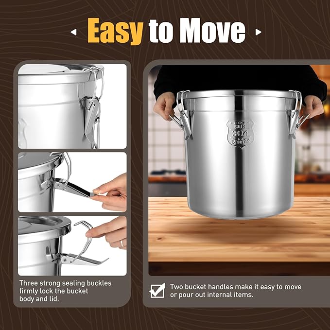 Beaccoss 304 Stainless Steel Airtight Canister for Kitchen, 8.7Gal Canisters Container with Lids and Sturdy Locking Clamp,Bucket Food Storage Containers Airtight for Flour Coffee Bean Tea (33L)